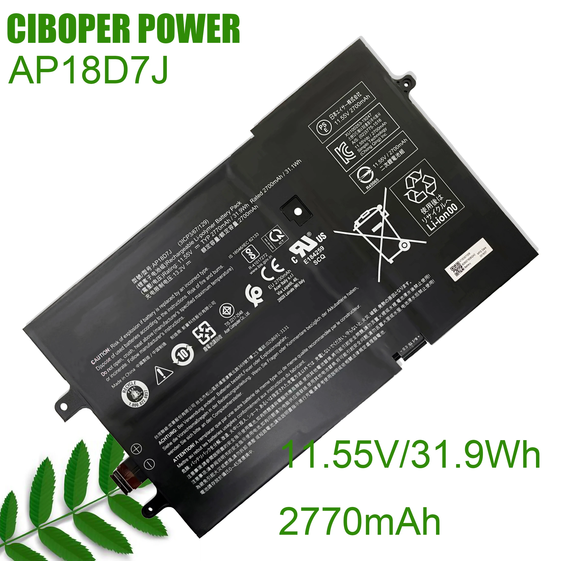 CP Batterie D'origine pour Ordinateur Portable AP18D7J 11.55V/2770mAh/31.9For Swift 2019 Swift 7 SF714-52T série 71JW 74AT 50QJ 54XE 70XR 598Y 72QY