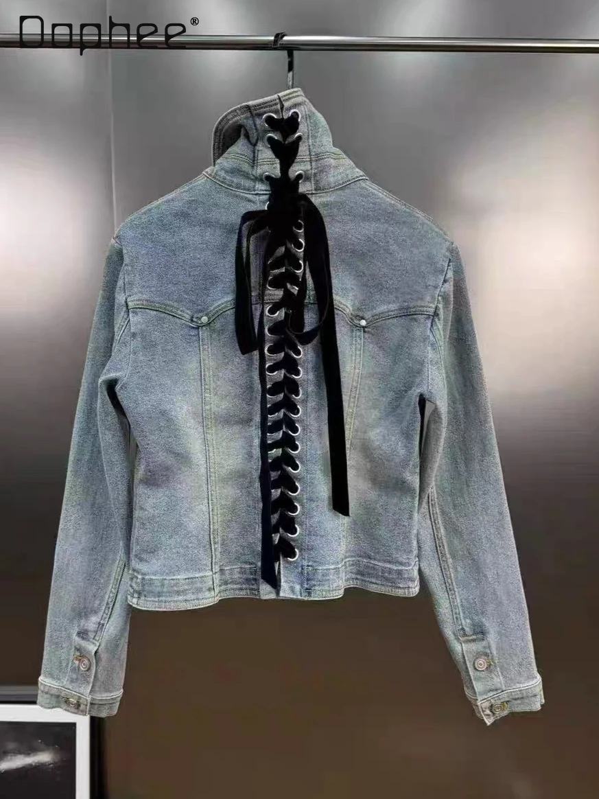 

Early Autumn New Korean Style Ins Trend Stand Collar Back Ribbon Woven Cross Loose Slimming Versatile Denim Jacket Women Top