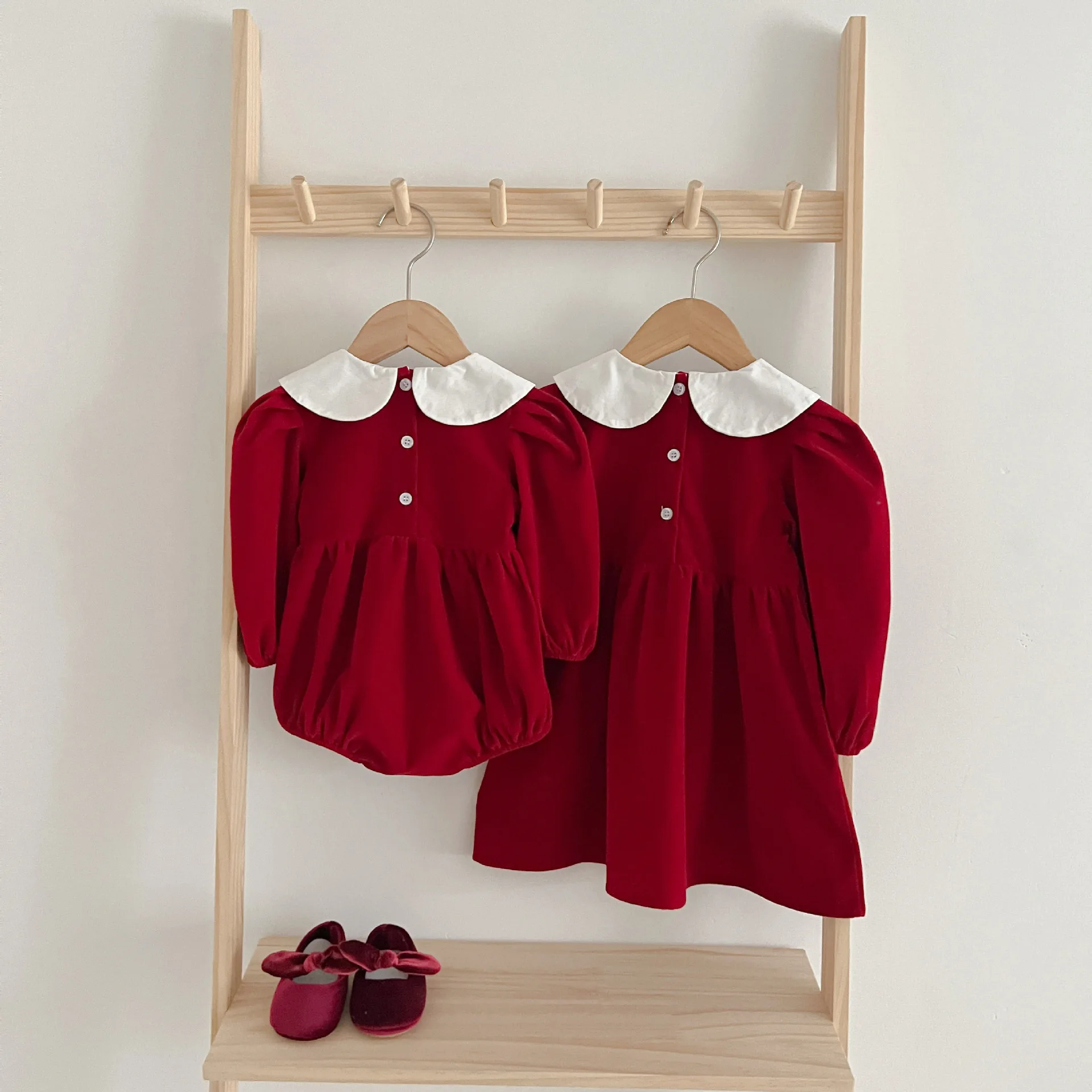 Infant Kinder Baby Mädchen Langarm Süße Einfarbig Schwestern Kleid Neugeborene Baby Mädchen Puppe Kragen Prinzessin Kleidung Strampler – Detail 1