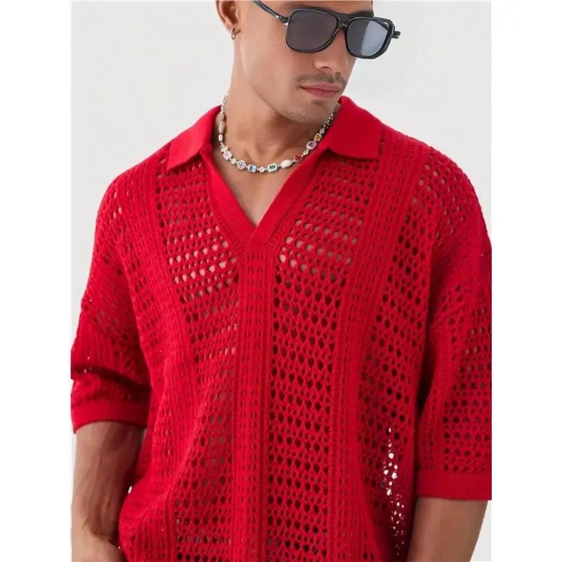 NEW-Men's Crochet Knit Shirt Short Sleeve Hollow Out Collared Summer Shirt Top Vintage Vacation Wear