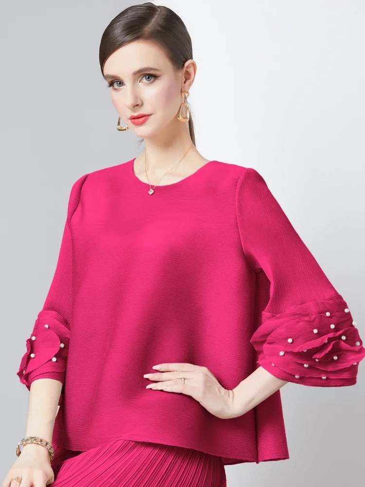 

Miyake Pleated Beading Ladies Top Women Elegant O Neck Pearls Floral Flare Sleeve Loose High Stretch Solid Color Blouses Blusa