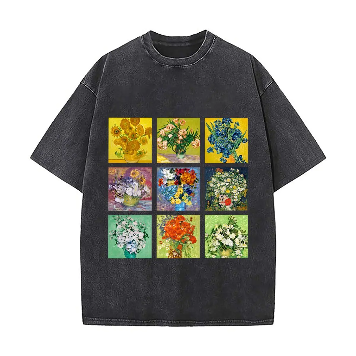 Sunflower Floral Bouquet Impressionist Art Collection Washed Short Sleeve Loose Streetwear Tee Hip Hop