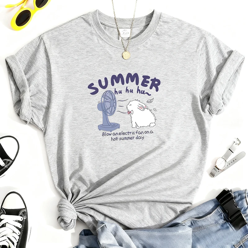 T-shirt girocollo tinta unita con stampa simpatico cartone animato in puro cotone 100%, top casual a maniche corte per tutte le stagioni, abbigliamento da donna