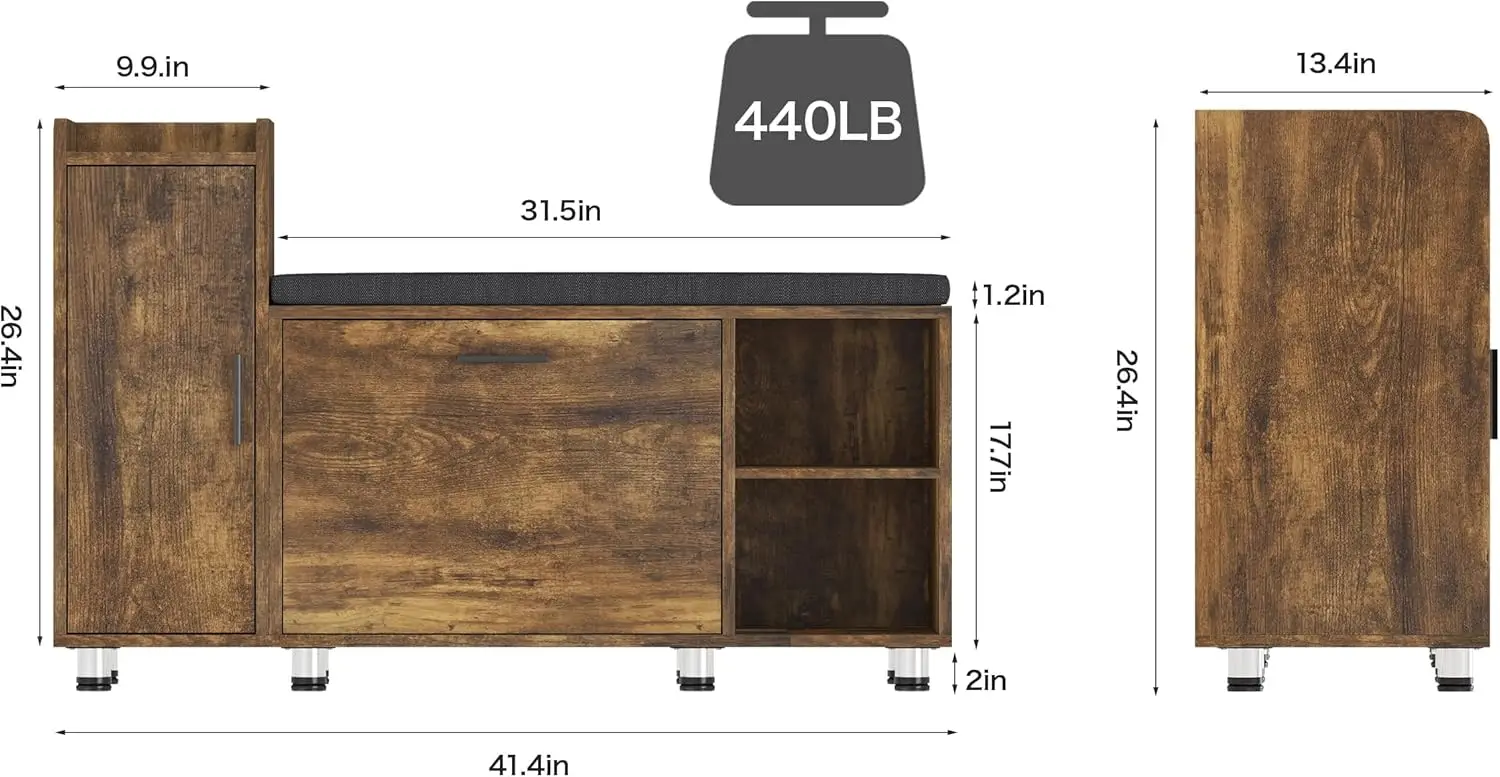 Shoe Storage Bench with Flip Drawer Shoe Cabinet, 8 Height Adjustable Metal Feet, Entryway Bench with Removable Seat Cushion, Sh