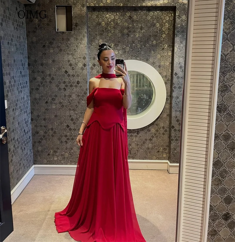 

OIMG Classic Red Off The Shoulder A Line Prom Gowns Chiffon Backless Party Gown Floor Length Evening Dress Customized