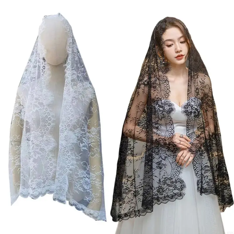 Q39C Lace Border Bridal Veil Halloween Make Up Mantilla Length Appliques Elegant Veil