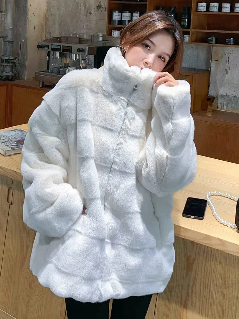 

ZADORIN New Luxury Brands Winter Fluffy Faux Rabbit Fur Coat Woman Stand Collar Zipper Oversize Fur Jackets for Woman Outerwears