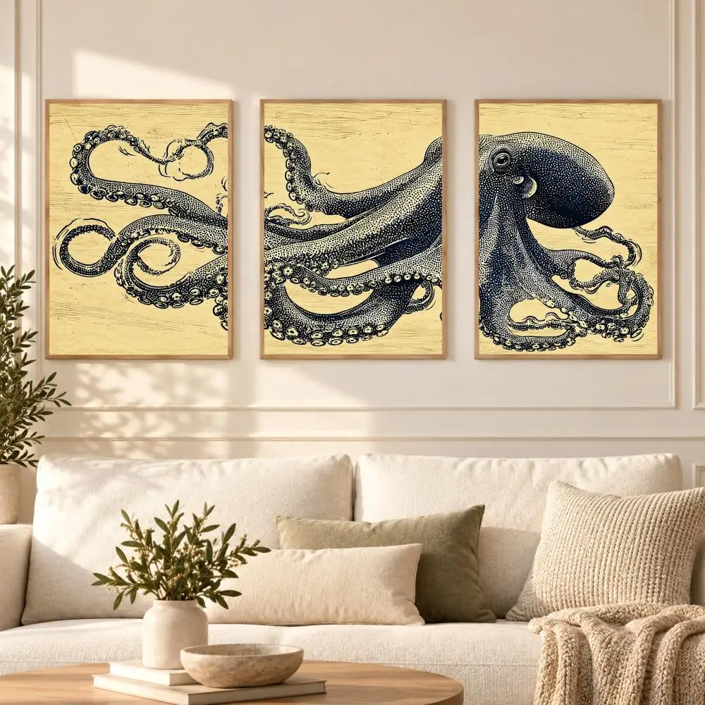 Vintage Octopus Illustration Painting Calligraphy 3 PCS Canvas Wall Art Prints for Living Room Modern Poster Decals Decor
