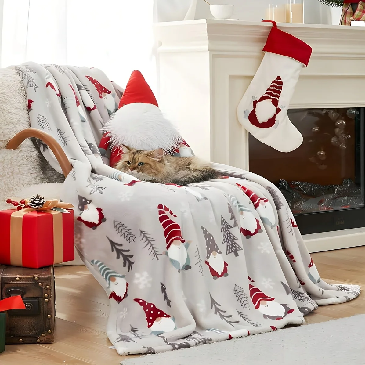 1pc Luxury Christmas Hat Cover Blanket, Christmas Tree, Christmas Elements, Snowflake Print Plush Throw Blanket,Perfect Gift