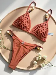 Sexy Brown Bikini Set 2026 Women Pearls Strap Hole Out Push Up Bra Thong Swimsuit Brazilian Beach Bathing Suit Micro Swimwear