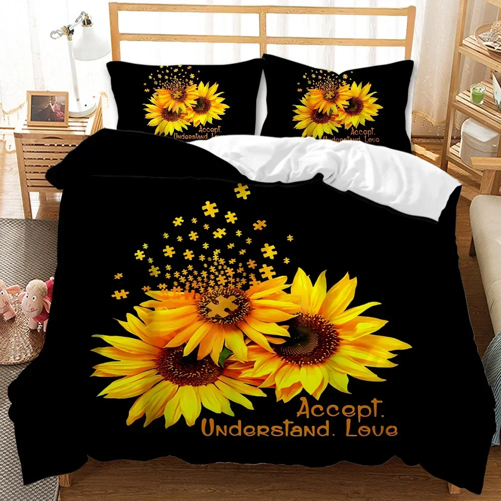 Sunflower Duvet Cover Set Yellow Flower Bedding Set Sunflower Botanical Floral Garden Bloom Print on Black Polyester Quilt Cover