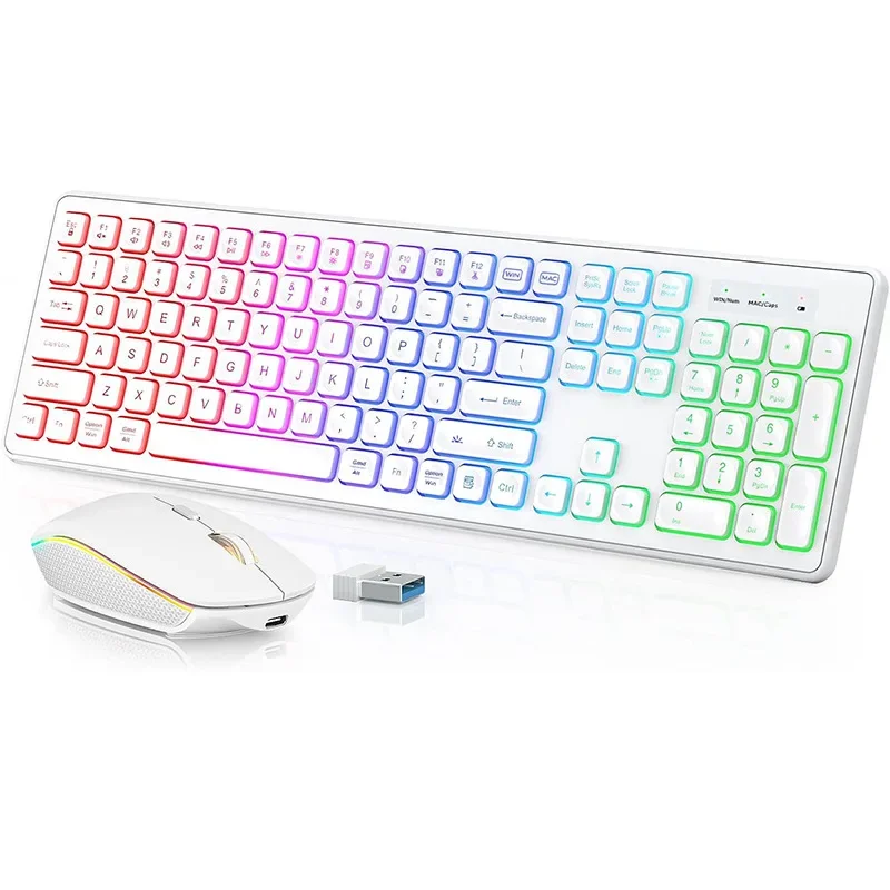 Wireless Keyboard and Mouse Combo RGB Backlit, Rechargeable Light Up Letters, Full-Size, Ergonomic, Sleep Mode, 2.4GHz