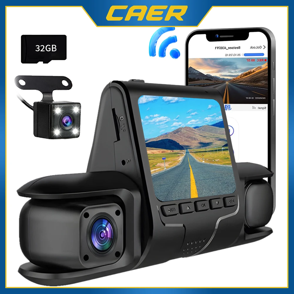 GPS-Dashcam für Autos, 3-Kanal-Fahrkamera, GPS vorne links rechts hinten, Nachtsicht, APP-Steuerung,