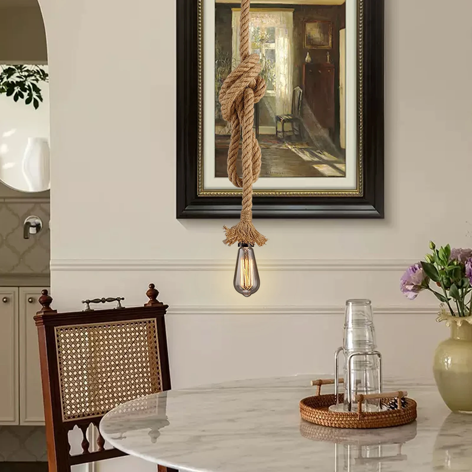 

Retro Industrial Hemp Rope Ch 1M Double Head Pendant Light Fixture Cafe Bar Decor Hanging Lamp Rope Dining Room Lights