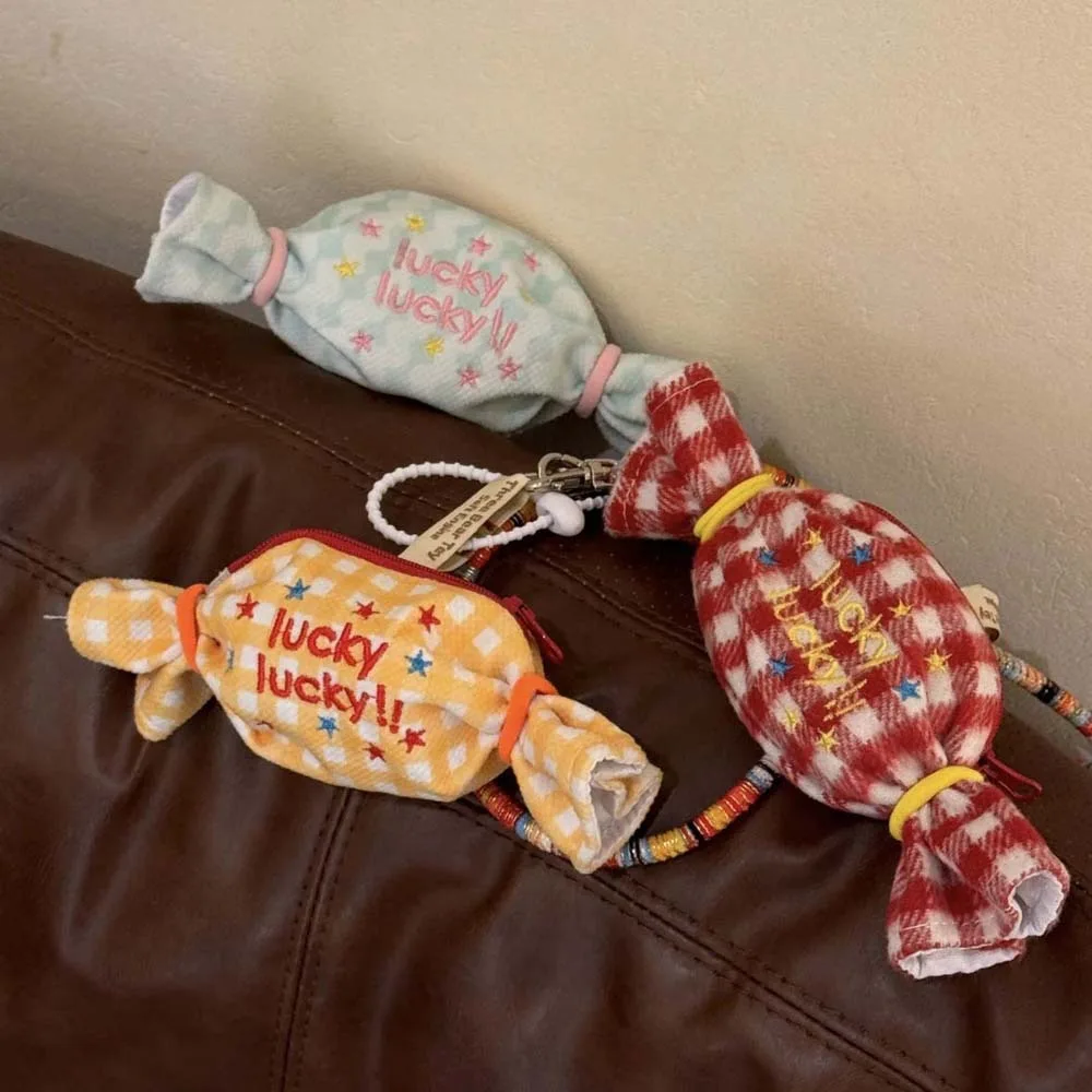 Sweet Candy Design Coin Purse Anti-lost Canvas Sugar Shaped Decorative Bag Plaid Pendant Creative Mini Bundle Pocket Portable
