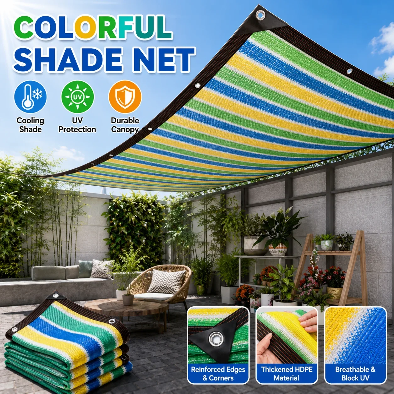 Colorful Breathable HDPE Sunshade Net – Multi-Size Outdoor Canopy for Garden, Patio, Carport & Picnic Use