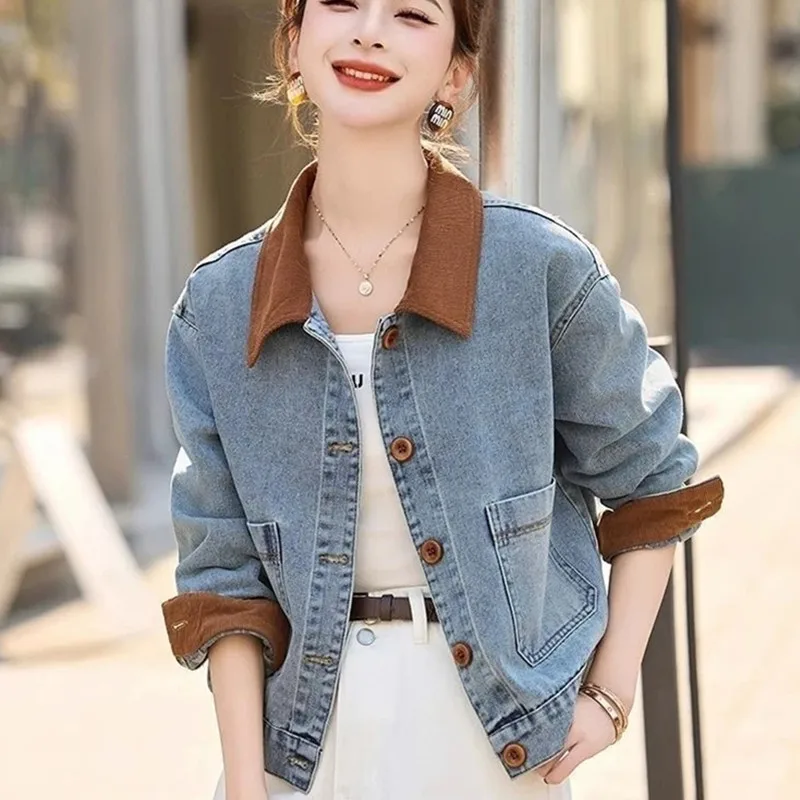 Spring Autumn Retro Contrast Splicing Women's Short Denim Coat Temperament Elegant Be All-match Ladies Cowboy Outwear