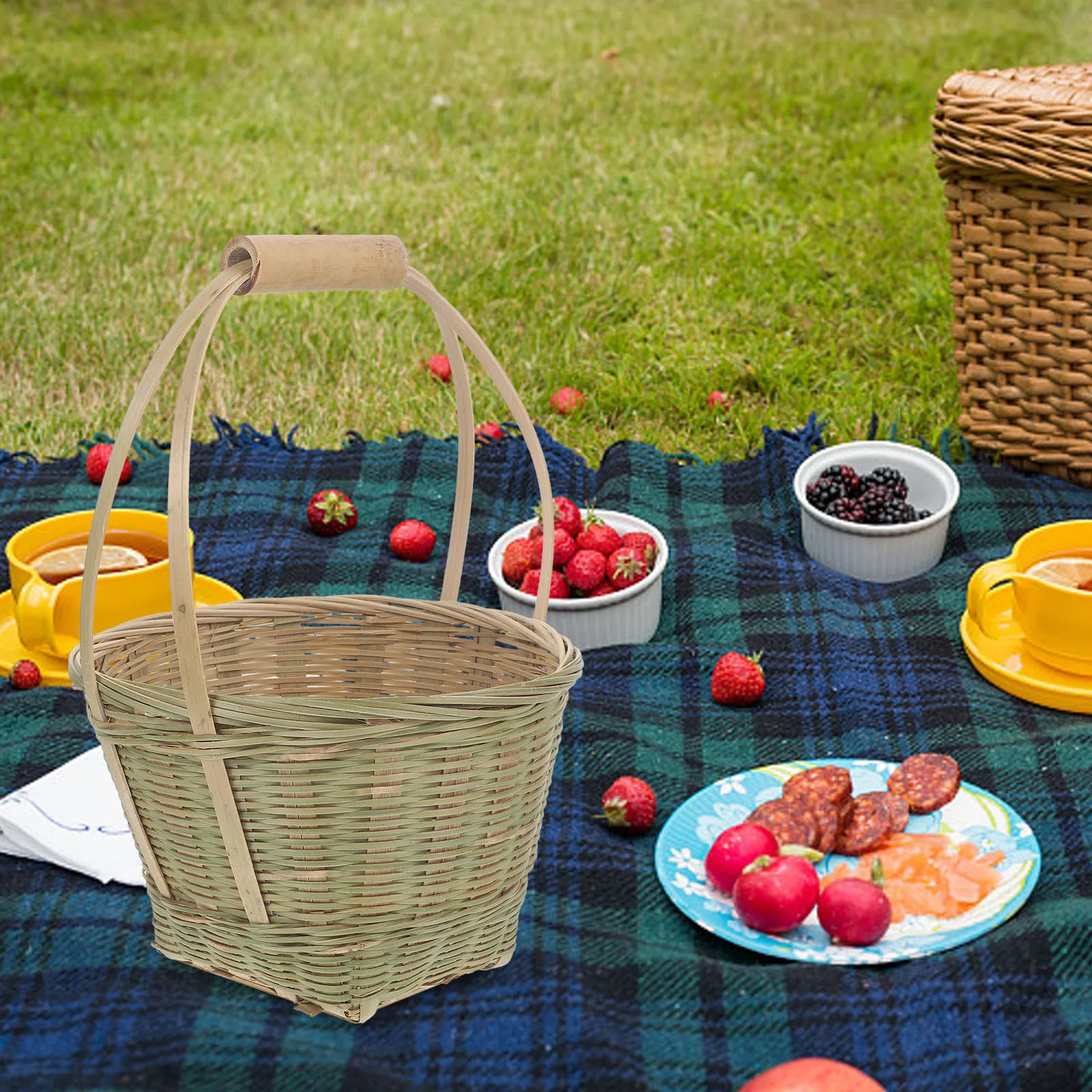 

Woven Storage Basket With Handle Portable Bamboo Picnic Basket For Fruits Snacks Bread Sundries Organizing Indoor Outdoor