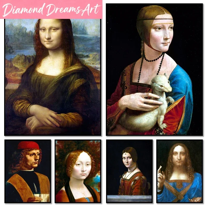 Tableau sans cadre, célèbre œuvre d'art de Léonard de Vinci, Mona Lisa Salvator Mundi, peinture diamantée et impression d'affiche, art mural pour salon H
