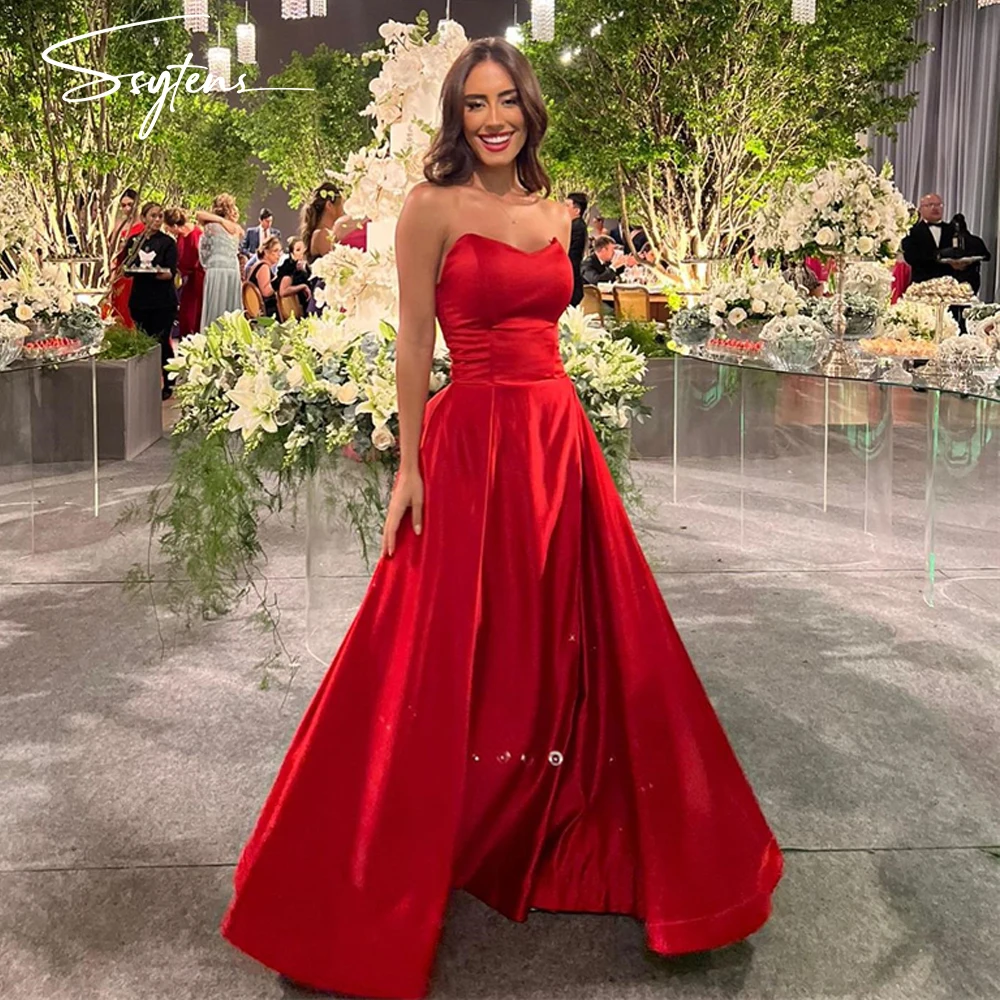 Vestido largo de satén sin mangas para mujer, traje de fiesta de cóctel, escote Corazón, línea A, color rojo, Moderno