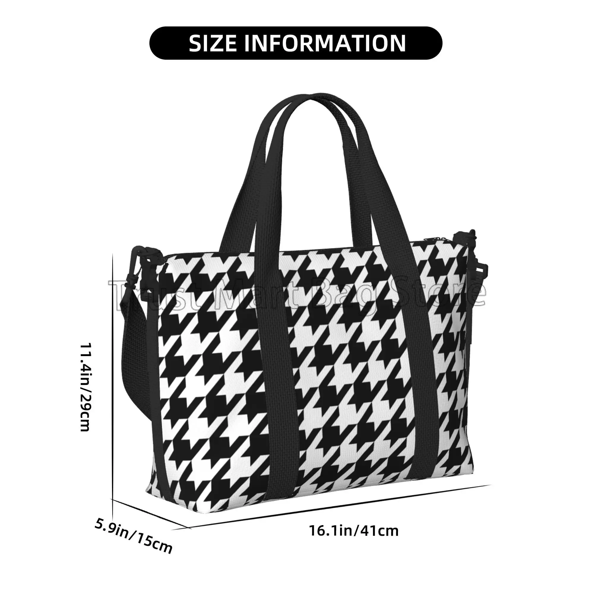 Black White Houndstooth Travel Duffel Bags Workout Casual Luggage Bag Portable Waterproof Tote Bags Weekender Overnight Handbag