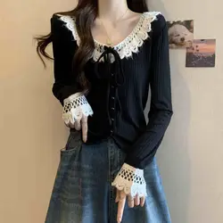 Commute Stylish Lace Spliced Blouse Spring Autumn Drawstring Bow Women's Clothing Solid Color Basic Slim Single-breasted Shirt