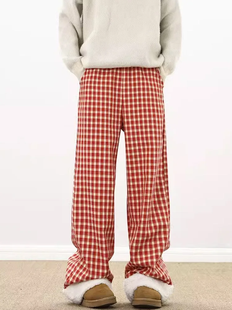 

Warm Lamb Fur Snow Pants Red Plaid Cotton Trousers for Men And Women Winter Couple Outerwear Northeast Cold Resistant below 4...