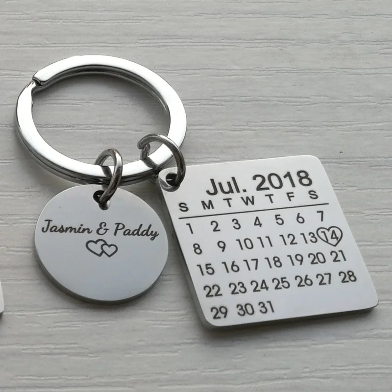 Personalized Calendar Keychain Engraved with Your Date Text Signature Keyring Hand Stamped Date with Heart Customize Key Chain