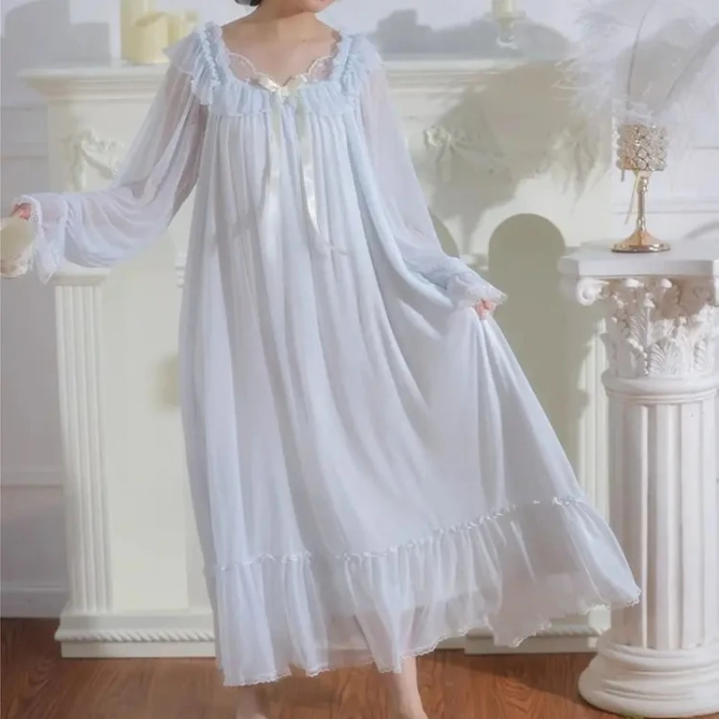 

Милая милая ночная рубашка, новая кружевная сетчатая пижама с бантом и длинными рукавами, домашняя одежда, женская ночная рубашка, женское нижнее белье для сна, платье