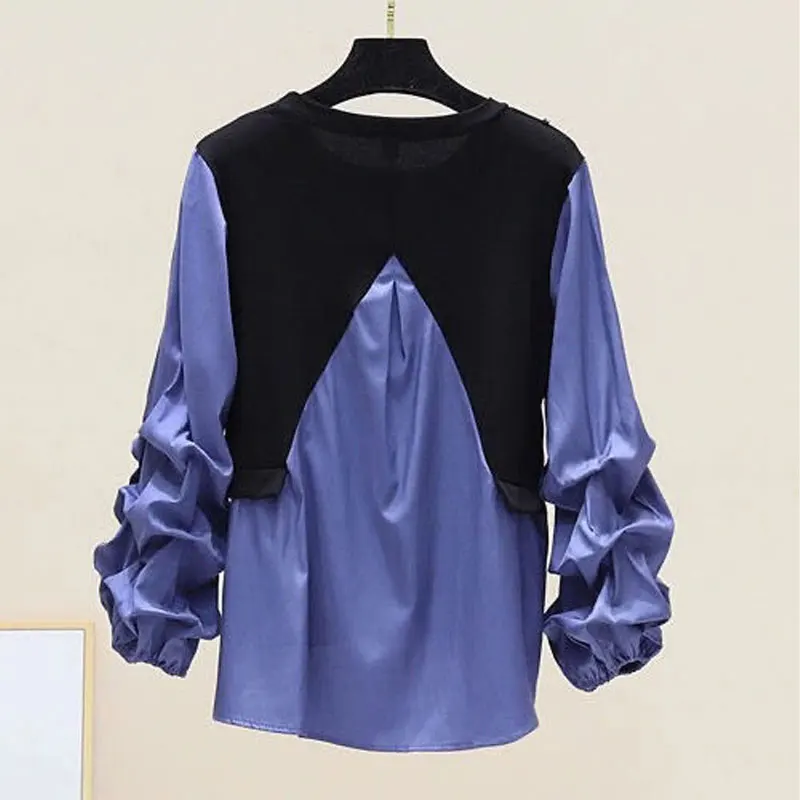 Female Clothing Solid Color Spliced Shirt Casual Fake Two Pieces Spring Autumn Basic Chain Korean Loose Fashion Folds Blouse New