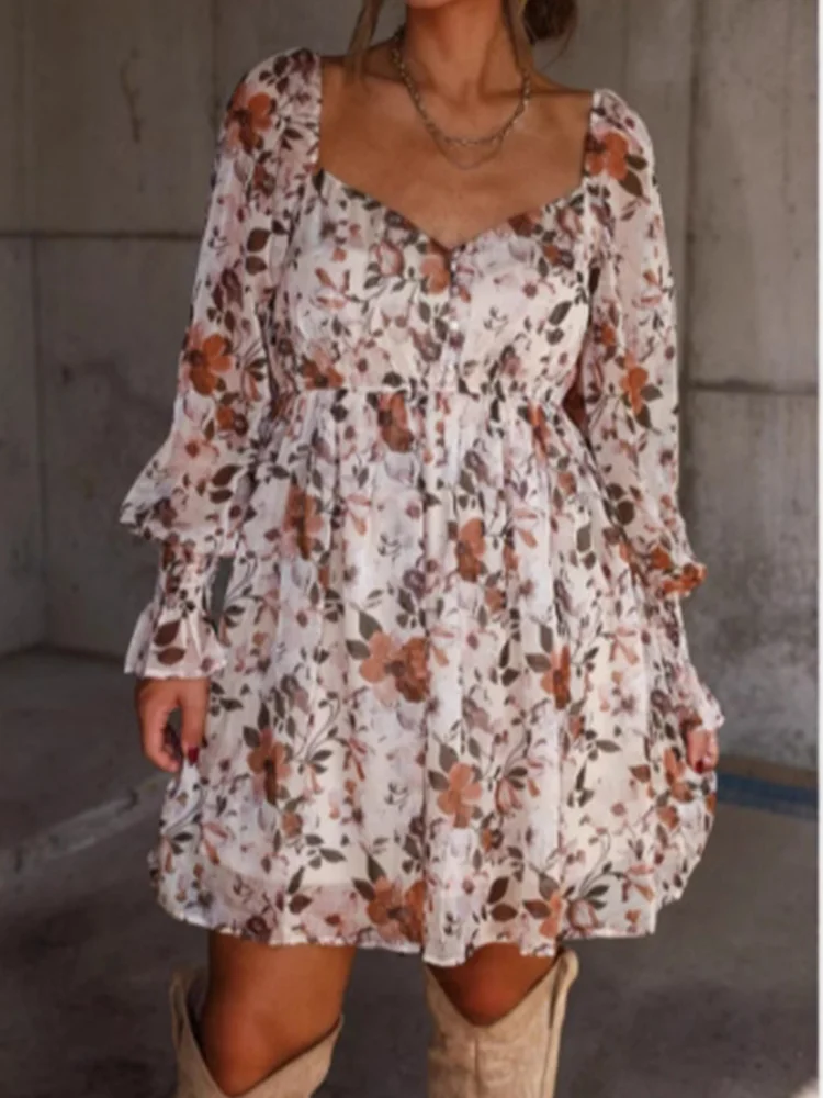 V-neck Petal Long Sleeved Floral Print Women's Dress High Street Fashion Elegant Commuting Style Spring Dress