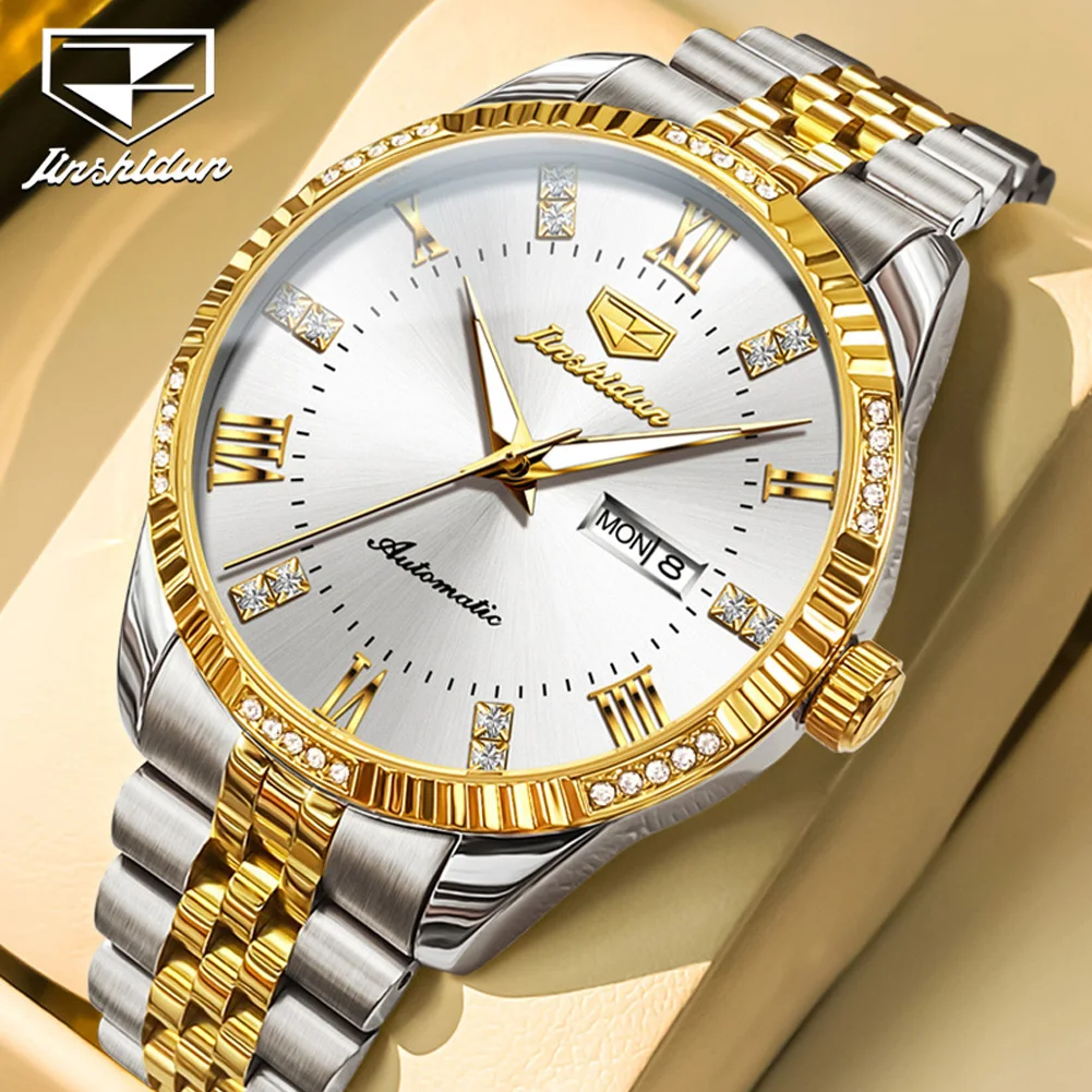 

JSDUN Luxury Man Watch Diamond Lap Stainless Steel Automatic Mechanical Men's Watch Waterproof Luminous Calendar Wristwatch 8970