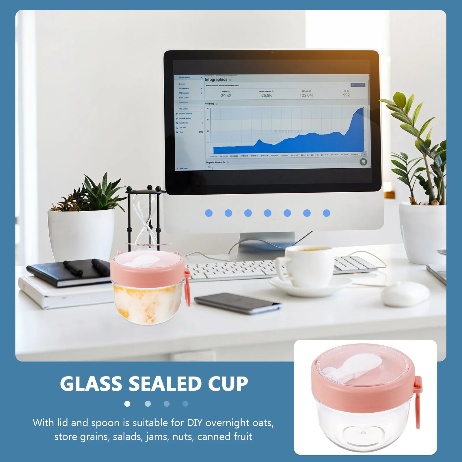 

Portable Breakfast Cup Pink 300ml Leak Proof Overnight Oats Mason Jar Spoon Yogurt Salad Fruits Snacks Travel School Office Use