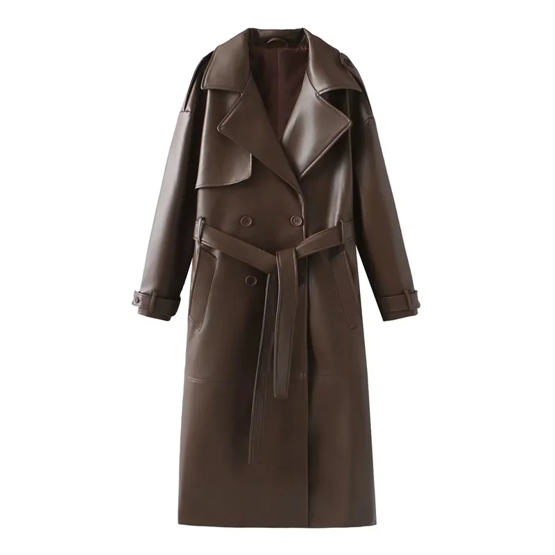 

2025 X-long Faux Leather Trench Coat Women's Double-breasted Overcoat Autumn Winter Sashes Windbreaker Streetwear PU Outerwear