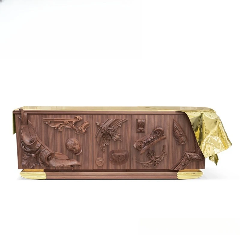 

Solid wood carved dining side cabinet, villa household high-end storage cabinet, designer creative entrance cabinet