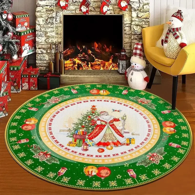 VIKAMA Christmas Santa Round Rug Xmas Tree Gift Print Non Slip Floor Mat for Living Room Bedroom Holiday Home Decor