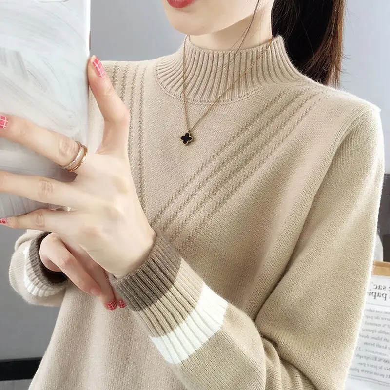 Stylish Half High Collar Spliced All-match Knitted Sweater Women\'s Clothing 2022 Autumn New Loose Casual Pullovers Commute Tops