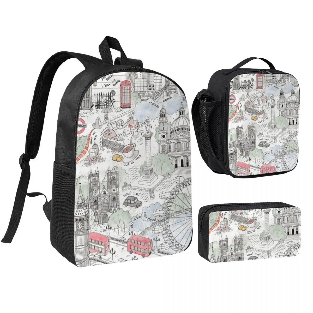 Vibrant London Big Ben London And Red Bus Backpack Student BookBag School Bag Shoulder Bags 3ps Insulated Lunch Bag Pencil Case