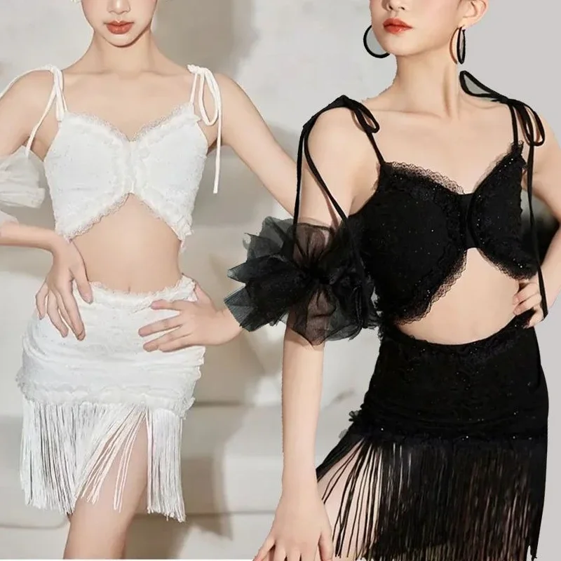 Conjunto de baile latino de verano para niños, falda con borlas y tiras de encaje de lentejuelas, competición de entrenamiento de Samba Rumba, conjunto de dos piezas de ropa
