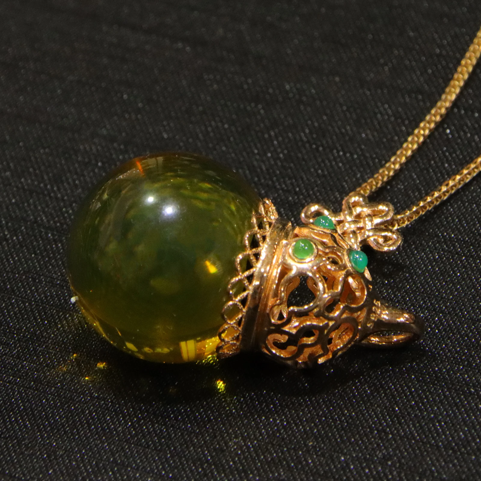 Pure Silver Inlaid Natural Mexican Blue Amber Pendant 20mm Round Bead Gourd Shape Simple Fashion Necklace Jewelry Gift