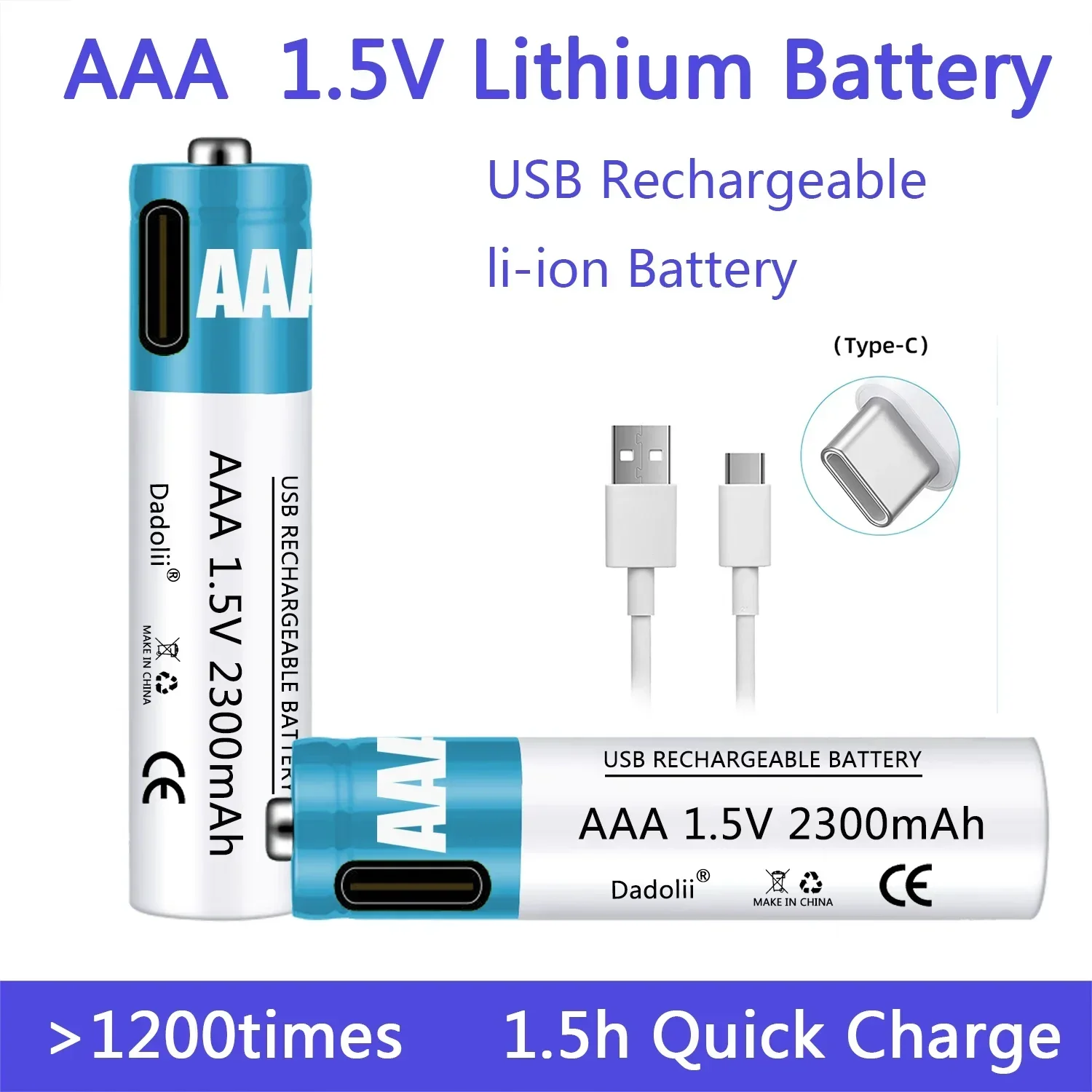 2024New1.5V AAA Rechargeable Battery 2300mAh Rechargeable AAA Battery Lithium Polymer Battery Quick Charging by Type-C USB Cable