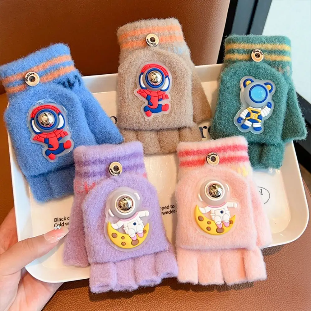 Winter Warm Mittens Kids Fingerless Gloves  Gloves Cartoon Design Half Finger Flip Gloves