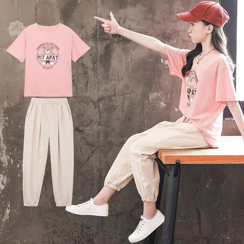 

2024 Korean Summer Children Girl Tracksuit Teenager Girl Cartoon Bear Cotton T-shirt+Sport Pants Girl Students Clothes Sets