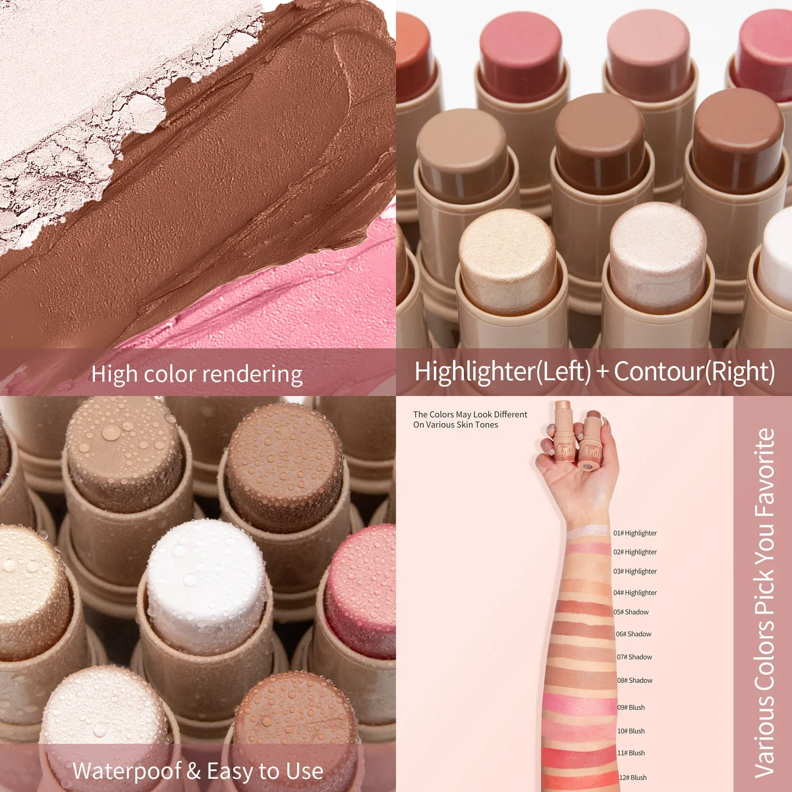 Bâton bronzant pour contour du visage, anciers de maquillage, surligneur, fard à joues éclaircissant, crème rouge, stylo correcteur