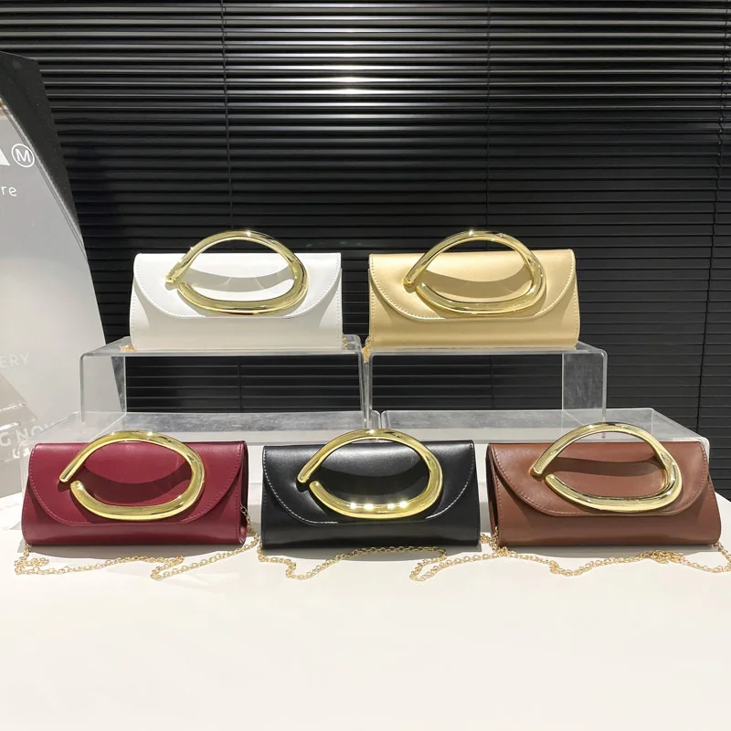 

2025 New Niche Clutch Bag Women European Vintage Metal Handle Chain Shoulder Crossbody Box Purse