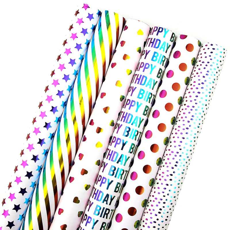 Happy Birthday Wrapping Sheet Rolls Bright Colorful Stars Circle Christmas Wrapping Paper Rolls For Party Gifts Decor