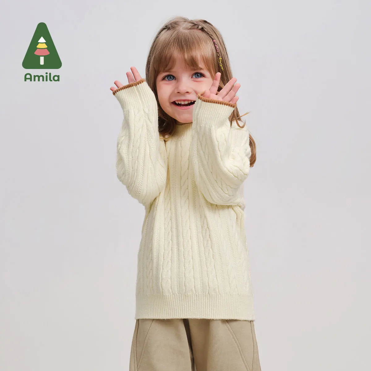 Amila Baby Sweater 2024 Winter New Style For Girls Warm Skin-Friendly Solid Color Sweet Round Neck Versatile Children’s Pullover