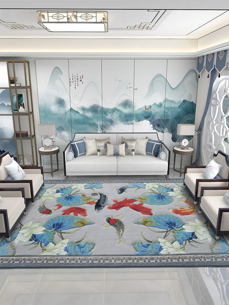 New Chinese Style Blue Fish Pattern Carpet for Living Room Thick Handmade Wool Sofa Area Rug Bedside Meeting Room Office Mat