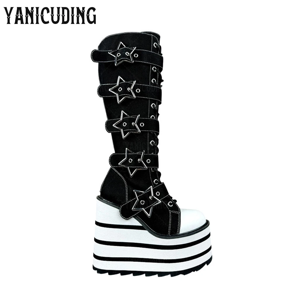 Silver Star Buckles Platform Knee Boots Black Canvas Wedge Boots Colorful Striped Heel Adjustable Straps Cosplay Boots for Women