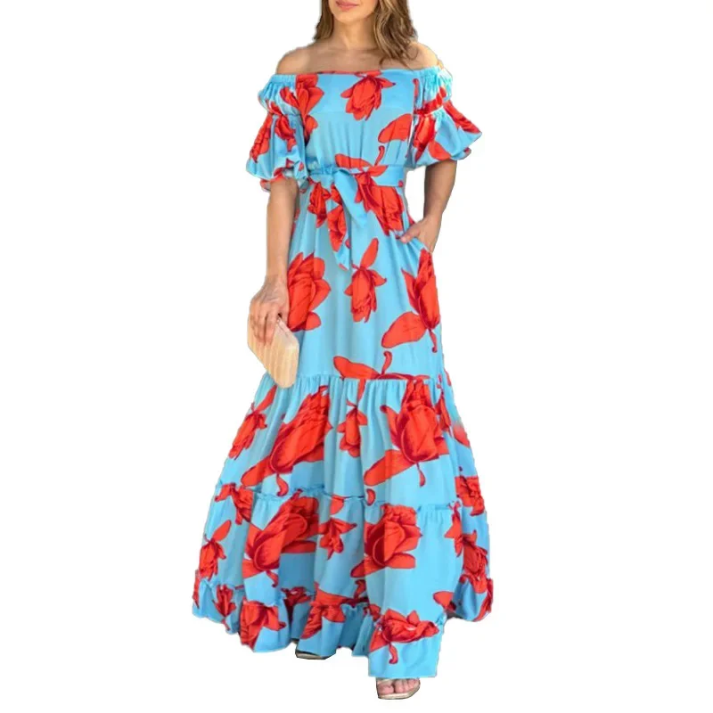 Abiti lunghi con stampa floreale Abito da donna con volant con spalle scoperte Abito ampio a vita alta da sposa Elegante estate Sexy Party Boho Vestidos